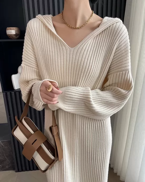 Stylish Long Sleeves Loose Solid Color Hooded Sweater Dresses