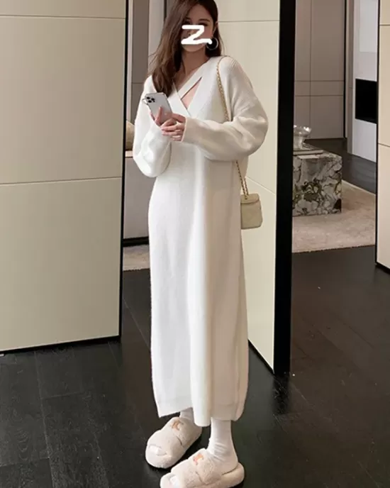 Urban Loose Long Sleeves Solid Color V-Neck Sweater Dresses