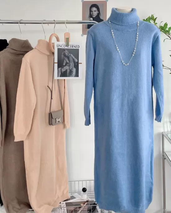 Casual Long Sleeves Loose Solid Color High-Neck Sweater Dresses