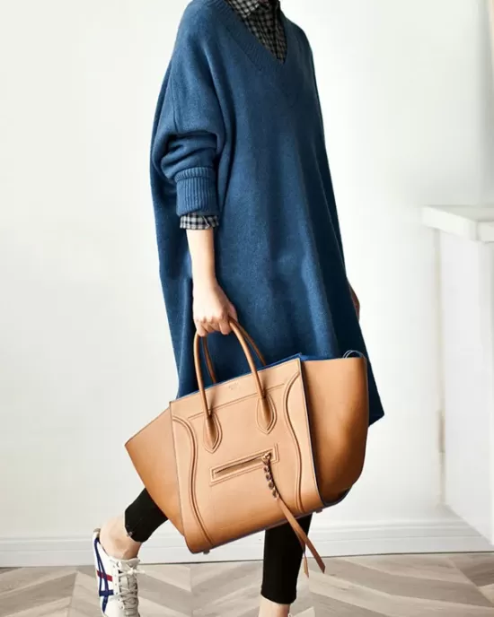 Stylish Long Sleeves Loose Solid Color V-Neck Sweater Dresses