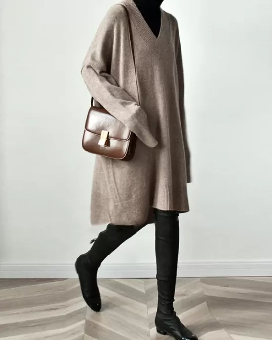 Stylish Long Sleeves Loose Solid Color V-Neck Sweater Dresses