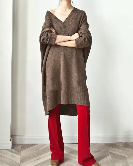 Stylish Long Sleeves Loose Solid Color V-Neck Sweater Dresses