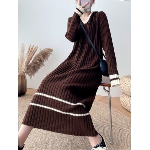 Urban Long Sleeves Loose Striped V-Neck Hooded Sweater Dresses