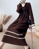 Urban Long Sleeves Loose Striped V-Neck Hooded Sweater Dresses