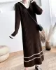 Urban Long Sleeves Loose Striped V-Neck Hooded Sweater Dresses