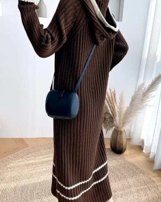 Urban Long Sleeves Loose Striped V-Neck Hooded Sweater Dresses