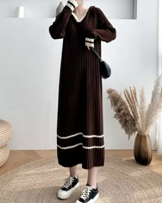 Urban Long Sleeves Loose Striped V-Neck Hooded Sweater Dresses