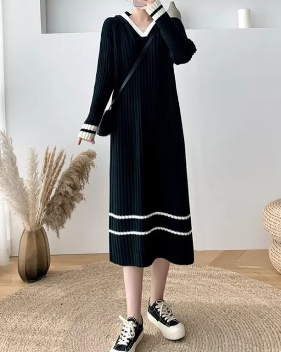 Urban Long Sleeves Loose Striped V-Neck Hooded Sweater Dresses