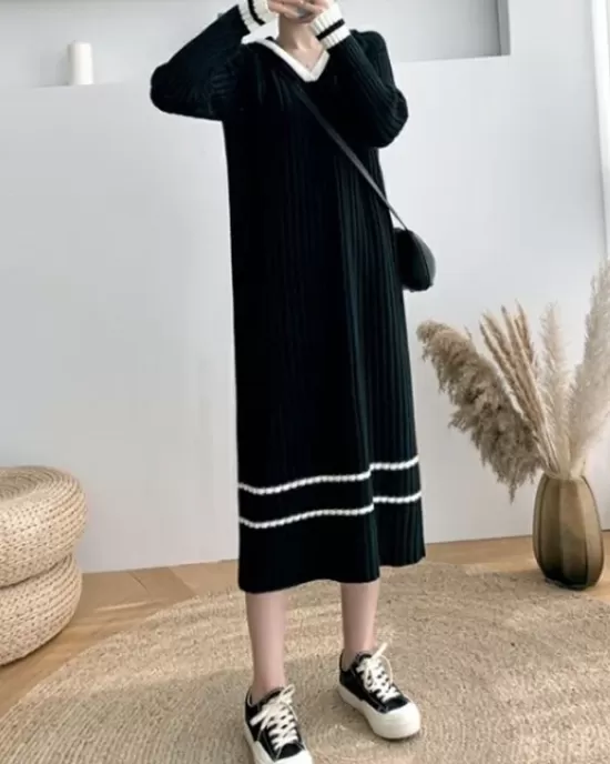 Urban Long Sleeves Loose Striped V-Neck Hooded Sweater Dresses