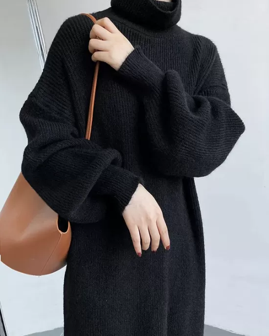 Urban Loose Puff Sleeves Solid Color High-Neck Sweater Dresses