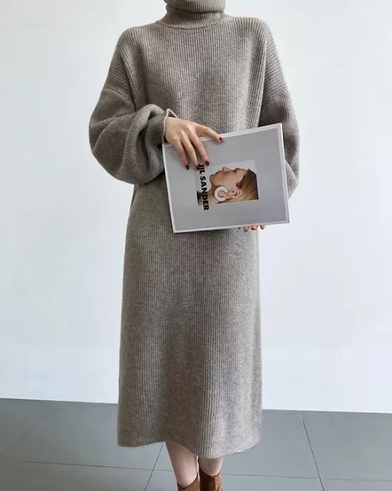 Urban Loose Puff Sleeves Solid Color High-Neck Sweater Dresses