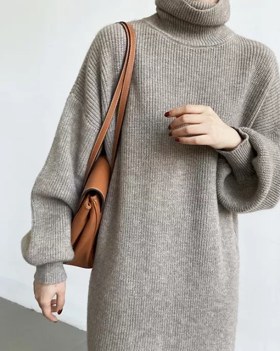 Urban Loose Puff Sleeves Solid Color High-Neck Sweater Dresses