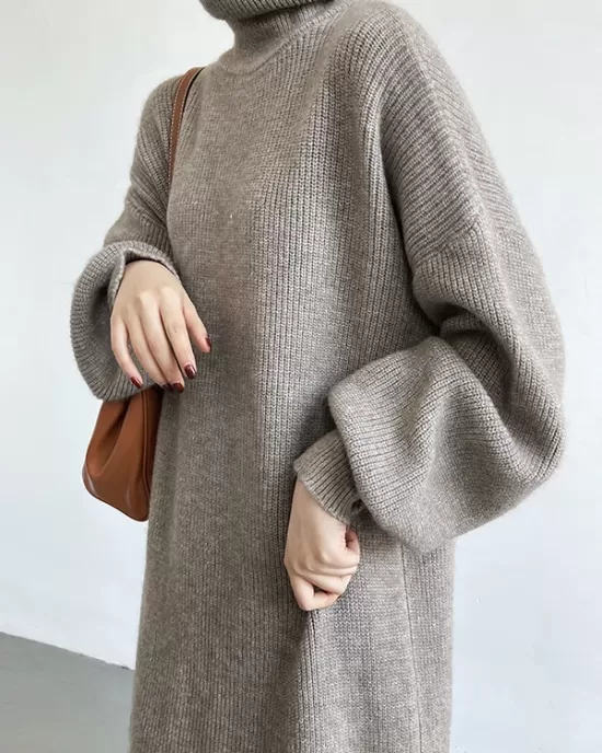 Urban Loose Puff Sleeves Solid Color High-Neck Sweater Dresses