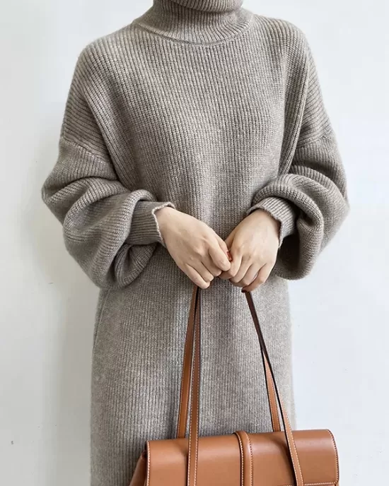 Urban Loose Puff Sleeves Solid Color High-Neck Sweater Dresses