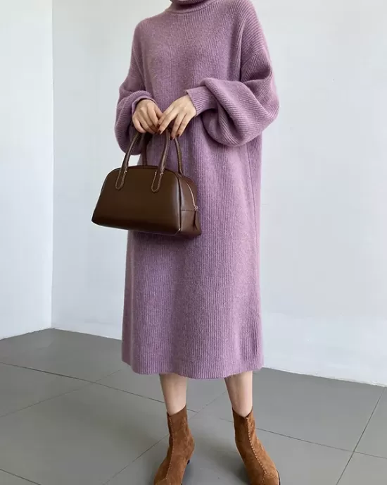 Urban Loose Puff Sleeves Solid Color High-Neck Sweater Dresses