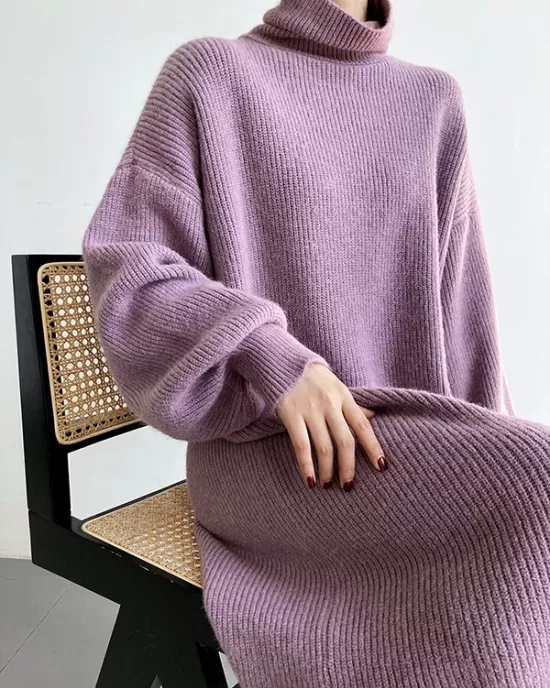 Urban Loose Puff Sleeves Solid Color High-Neck Sweater Dresses