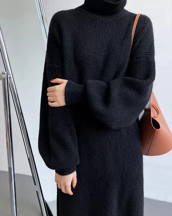 Urban Loose Puff Sleeves Solid Color High-Neck Sweater Dresses