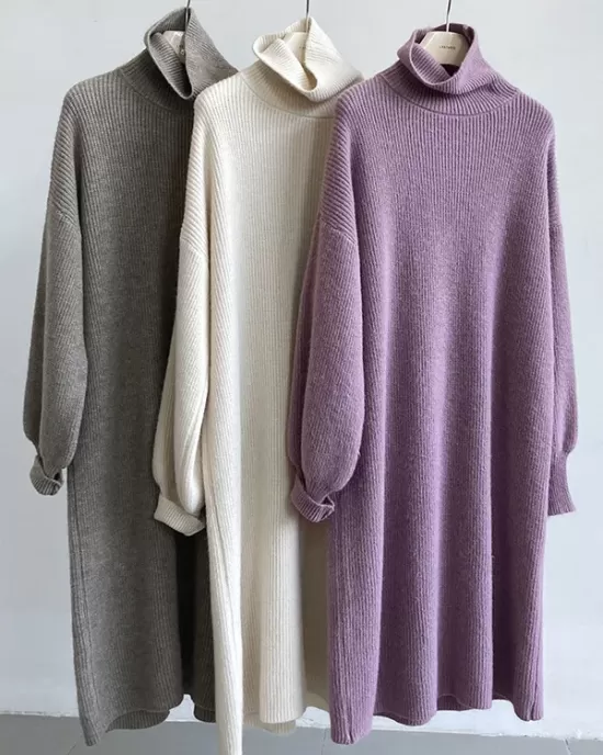 Urban Loose Puff Sleeves Solid Color High-Neck Sweater Dresses