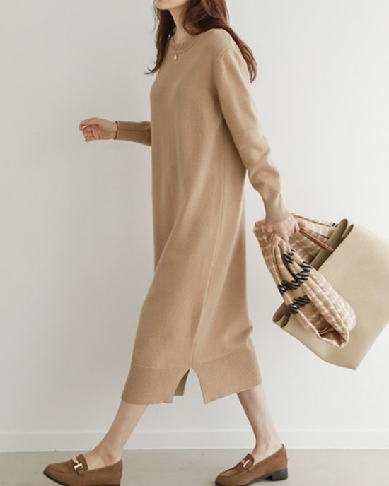 Urban Long Sleeves Loose Split-Side Solid Color Round-Neck Sweater Dresses