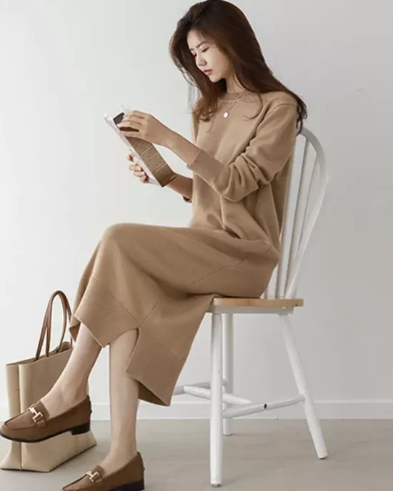 Urban Long Sleeves Loose Split-Side Solid Color Round-Neck Sweater Dresses