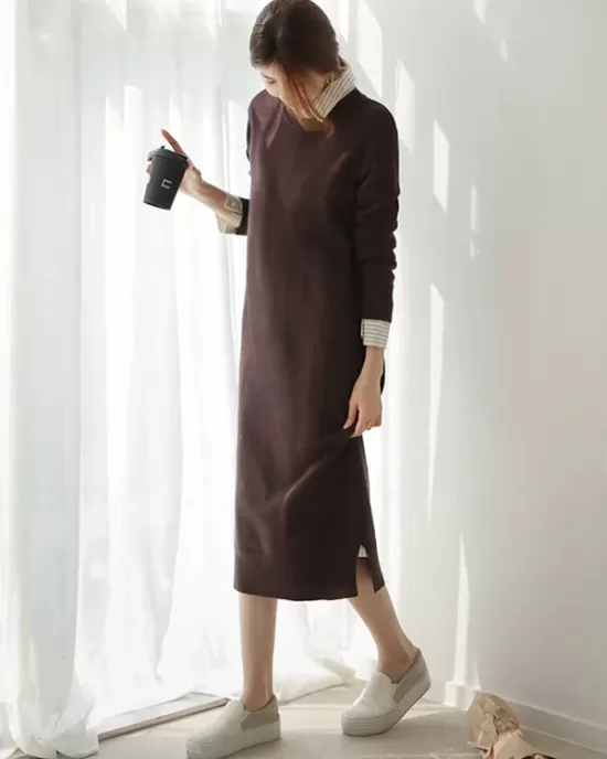 Urban Long Sleeves Loose Split-Side Solid Color Round-Neck Sweater Dresses