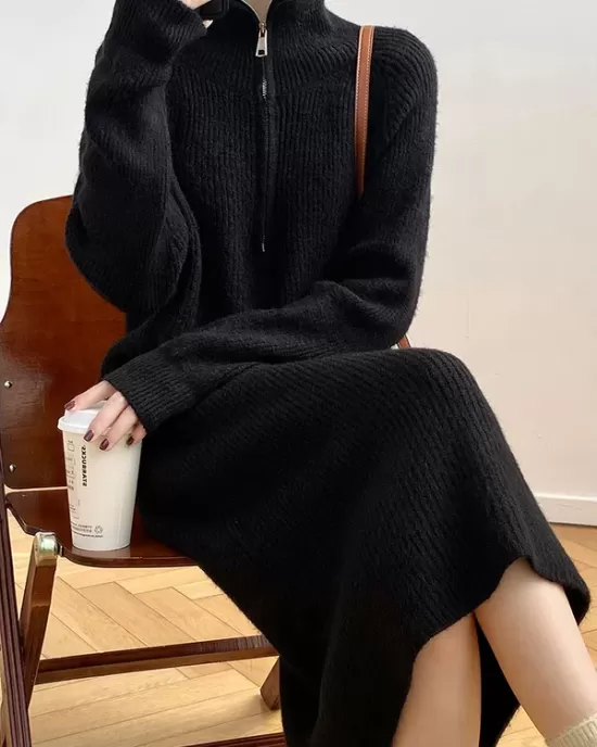 Casual Loose Long Sleeves Solid Color Zipper High-Neck Sweater Dresses