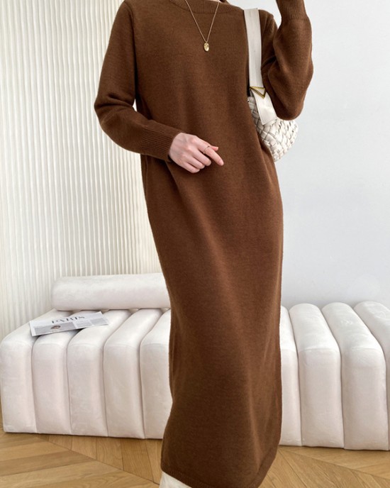 Urban Loose Long Sleeves Solid Color Round-Neck Sweater Dresses