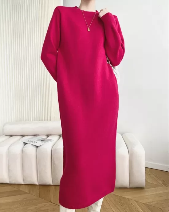 Urban Loose Long Sleeves Solid Color Round-Neck Sweater Dresses