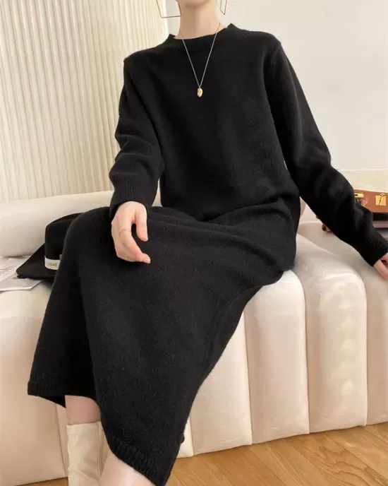 Urban Loose Long Sleeves Solid Color Round-Neck Sweater Dresses