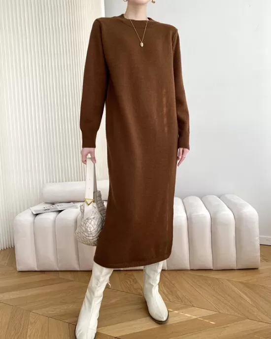 Urban Loose Long Sleeves Solid Color Round-Neck Sweater Dresses