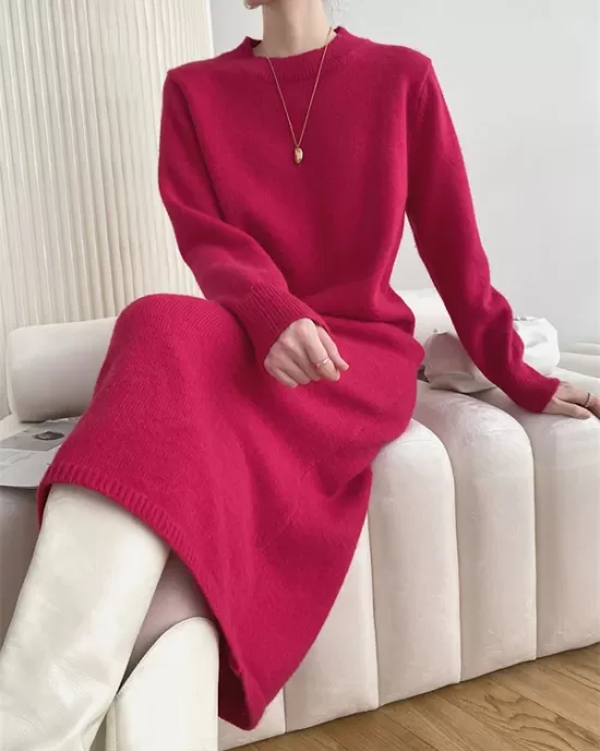 Urban Loose Long Sleeves Solid Color Round-Neck Sweater Dresses