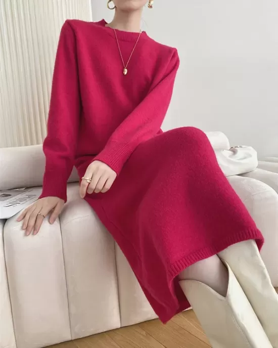 Urban Loose Long Sleeves Solid Color Round-Neck Sweater Dresses