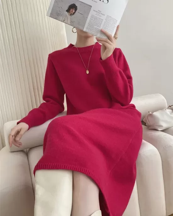 Urban Loose Long Sleeves Solid Color Round-Neck Sweater Dresses