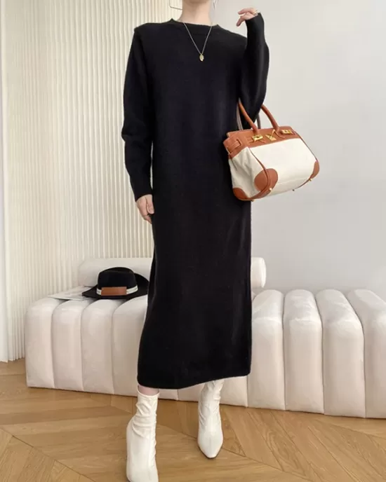 Urban Loose Long Sleeves Solid Color Round-Neck Sweater Dresses