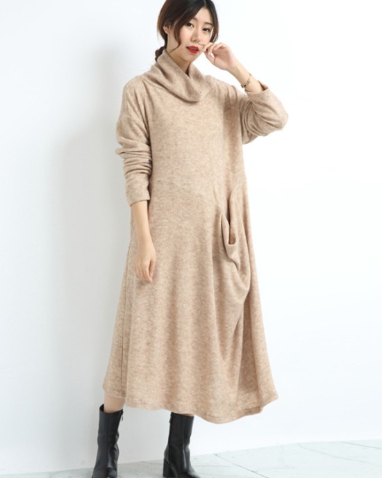 Casual Long Sleeves Loose Keep Warm Solid Color Heaps Collar Sweater Dresses