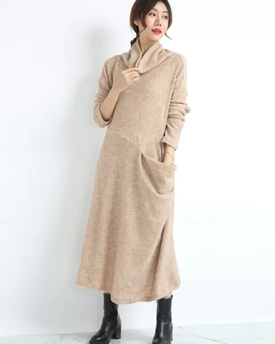 Casual Long Sleeves Loose Keep Warm Solid Color Heaps Collar Sweater Dresses