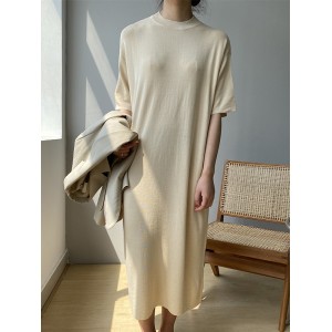 Solid Color Split-Joint Loose Short Sleeves Round-neck Sweater Dresses Midi Dresses