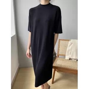 Solid Color Split-Joint Loose Short Sleeves Round-neck Sweater Dresses Midi Dresses