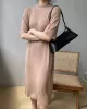 Solid Color Split-Joint Loose Short Sleeves Round-neck Sweater Dresses Midi Dresses