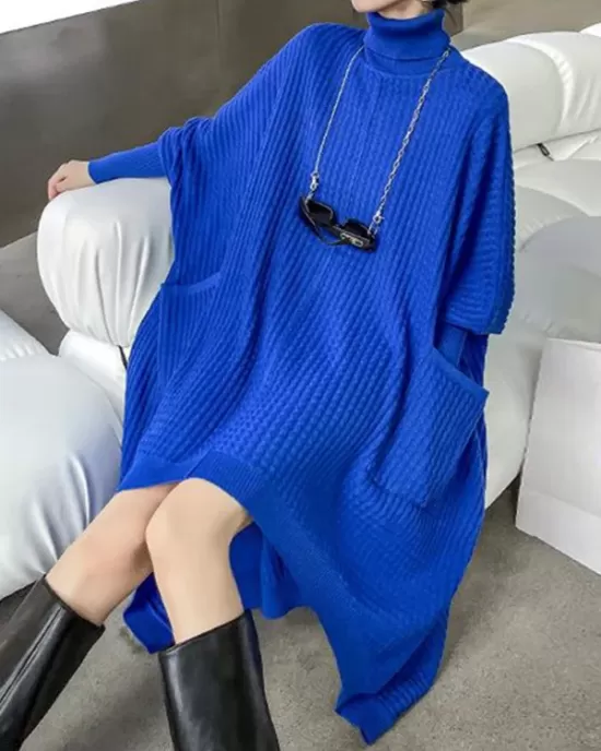 Batwing Sleeves High-Low Pockets Solid Color High-Neck Midi Dresses Sweater Dresses