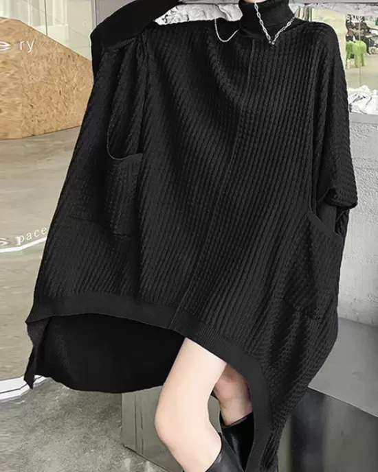 Batwing Sleeves High-Low Pockets Solid Color High-Neck Midi Dresses Sweater Dresses