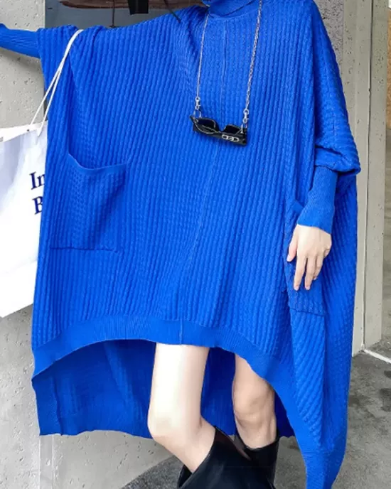 Batwing Sleeves High-Low Pockets Solid Color High-Neck Midi Dresses Sweater Dresses