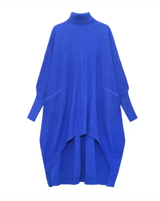 Batwing Sleeves High-Low Pockets Solid Color High-Neck Midi Dresses Sweater Dresses