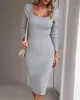 Solid Color Split-Side Long Sleeves Skinny Square-Neck Sweater Dresses