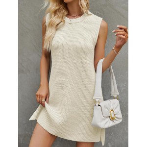 Solid Color Split-Joint Tied Waist Loose Sleeveless Round-Neck Sweater Dresses Mini Dresses