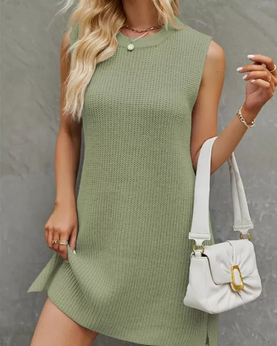 Solid Color Split-Joint Tied Waist Loose Sleeveless Round-Neck Sweater Dresses Mini Dresses