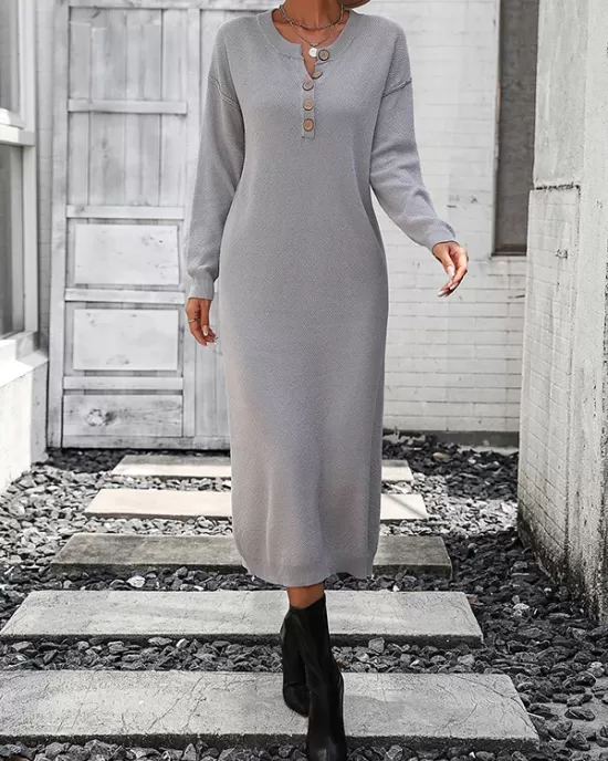 Buttoned Split-Joint Long Sleeves Loose Round-Neck Sweater Dresses Midi Dresses