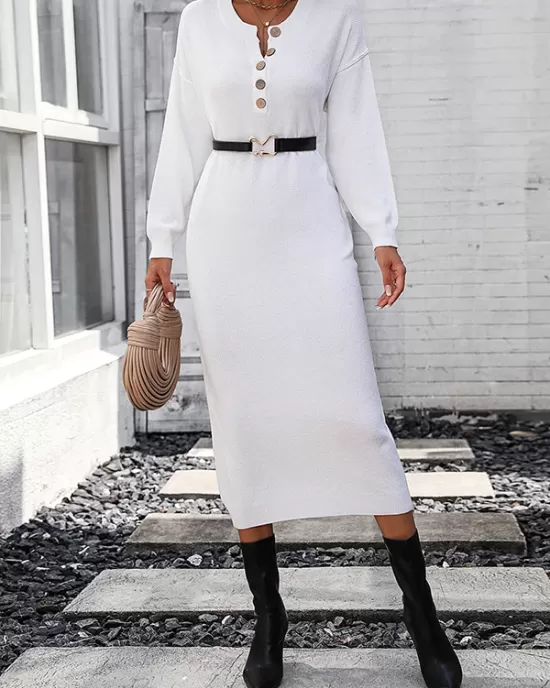 Buttoned Split-Joint Long Sleeves Loose Round-Neck Sweater Dresses Midi Dresses