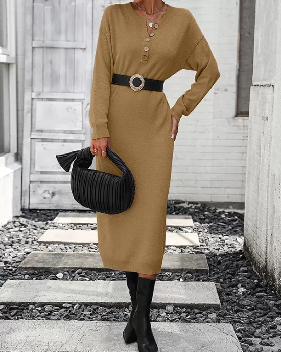 Buttoned Split-Joint Long Sleeves Loose Round-Neck Sweater Dresses Midi Dresses