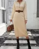 Buttoned Split-Joint Long Sleeves Loose Round-Neck Sweater Dresses Midi Dresses